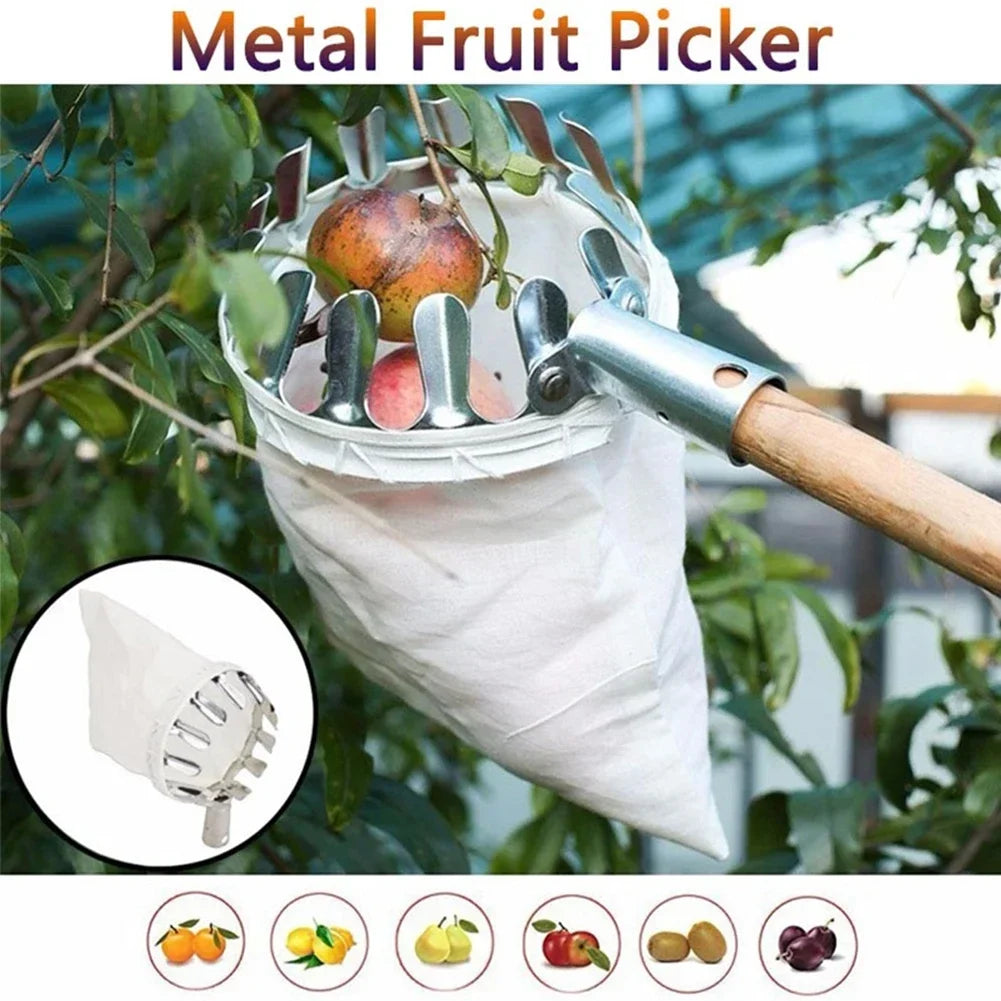 Fruit Picker Head with Detachable Catcher Pouch — Pole-Compatible Orchard Harvester for Apples Pears Oranges (16cm/6.3in & 14cm/5.5in)