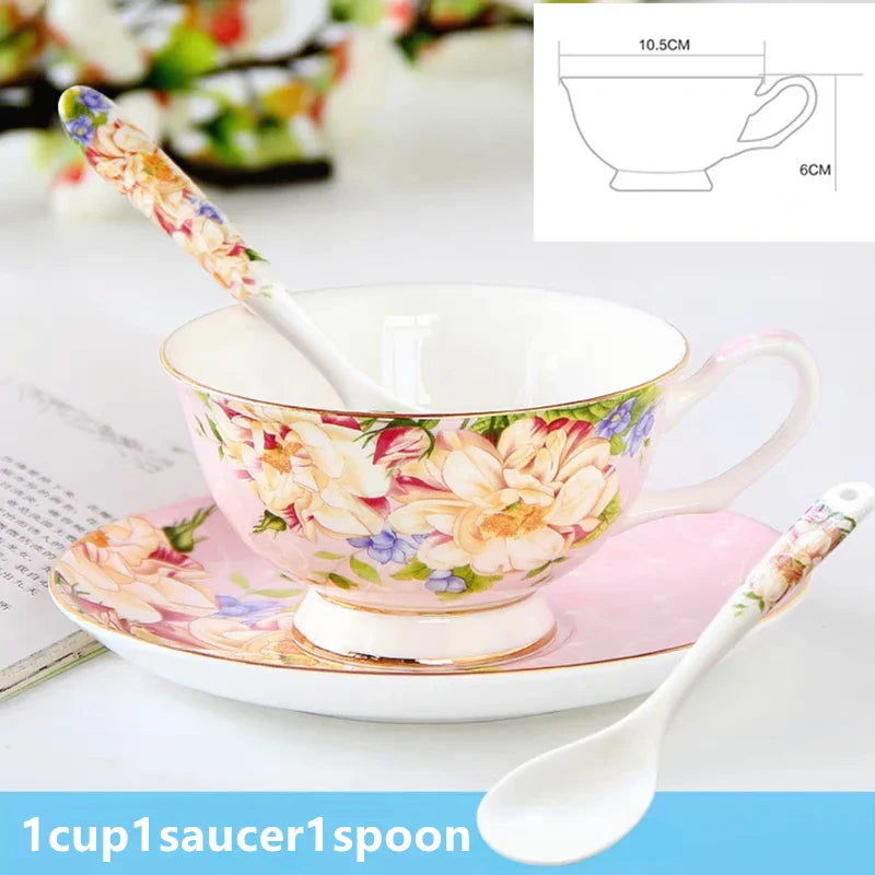 Bone China Afternoon Tea Cup Set with Saucer & Spoon — 200–210ml (6.8–7.1 fl oz) Teacup for Home, Office & Cafe Gift