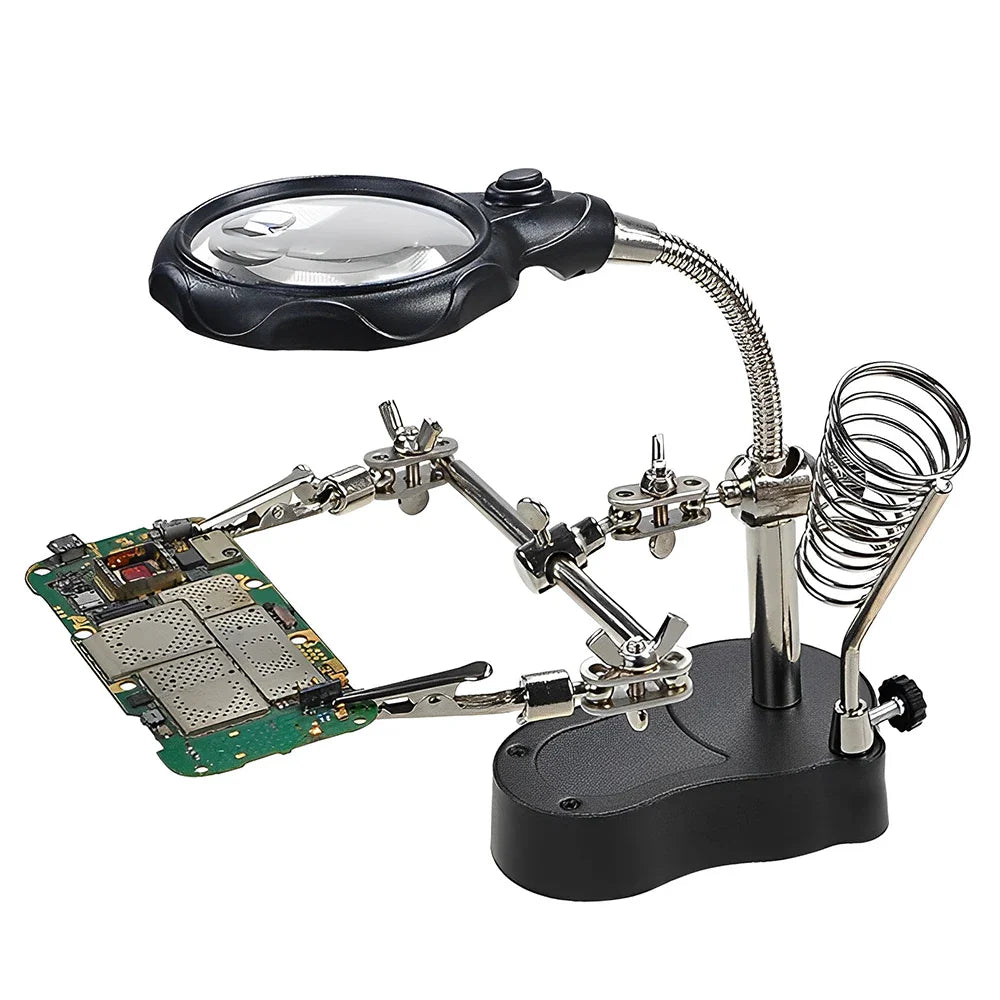 Dual Lens 3.5X/12X Soldering Magnifier with LED Lights & Alligator Clips, Adjustable Clamp Holder for PCB Repair