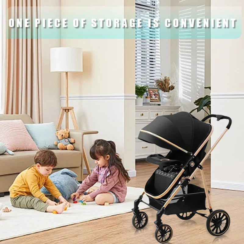 3-in-1 Luxury Baby Stroller Foldable Portable Travel Stroller with Aluminum Frame Reversible Lay-Flat Seat for Newborn