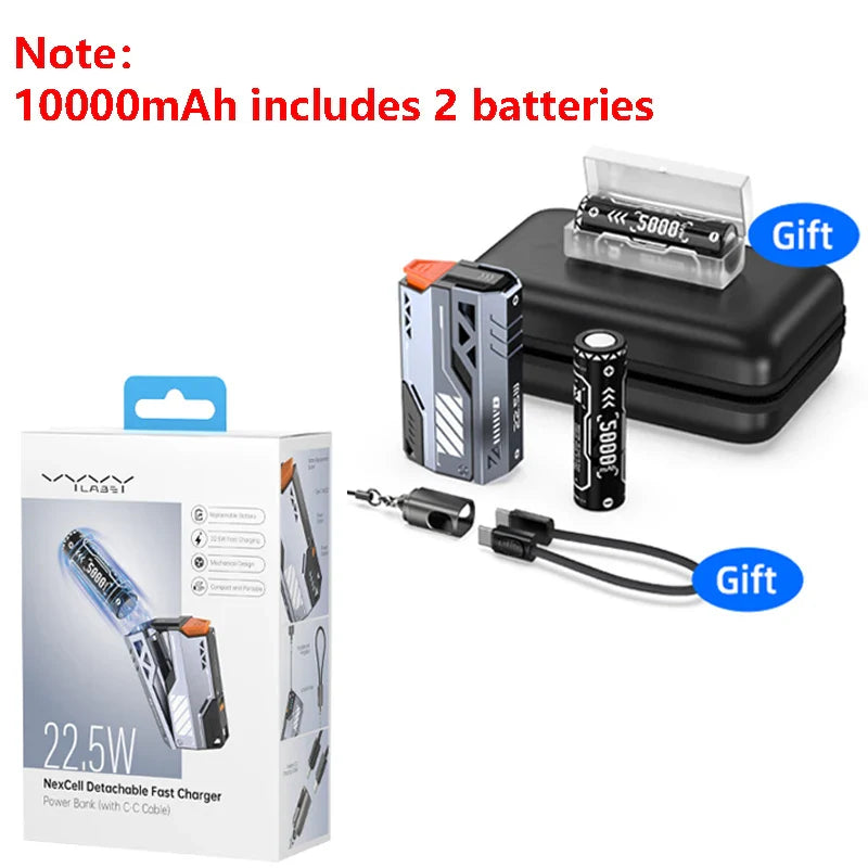 Replaceable Power Bank 10,000–40,000mAh | 22.5W Fast Charge External Battery Pack with Built-in Cable & USB-C