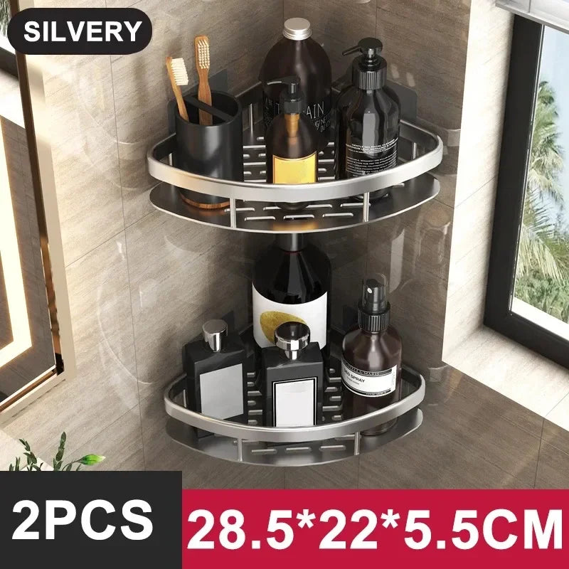 No-Drill Aluminum Alloy Bathroom Shower Shelf Wall-Mounted Shampoo Rack and Kitchen Organizer