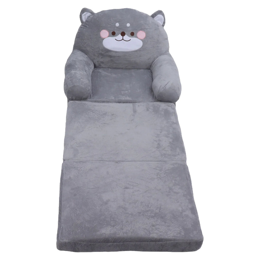 Cartoon Gray Dog Kids Sofa Foldable Toddler Chair - Soft Breathable Plush Armrest for Reading, Relaxing & Napping
