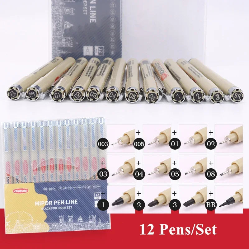 Manga Fineliner Pens - Waterproof Black Pigment Liner Set, Needle & Brush Tip for Sketching, Illustration & Inking (Set of 3–12)