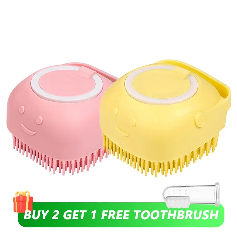Dog & Cat Silicone Bath Brush with Shampoo Dispenser — Soft Rubber Bristles for Grooming & Massage