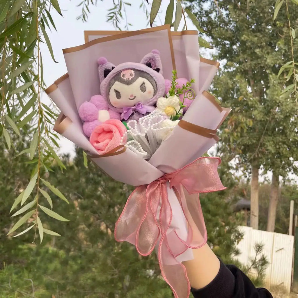 Kawaii Cat Plush Bouquet with Artificial Flowers — Cute Plush Doll Gift for Her, Valentine, Birthday, Graduation