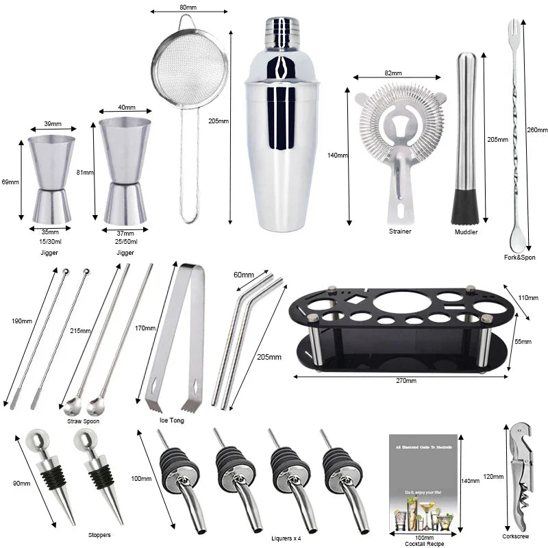 13-22 Piece Cocktail Shaker Bar Set – Stainless Steel Bartender Kit with 750ml/600ml Shaker, Jiggers, Strainer, Pourers & Acrylic Rack