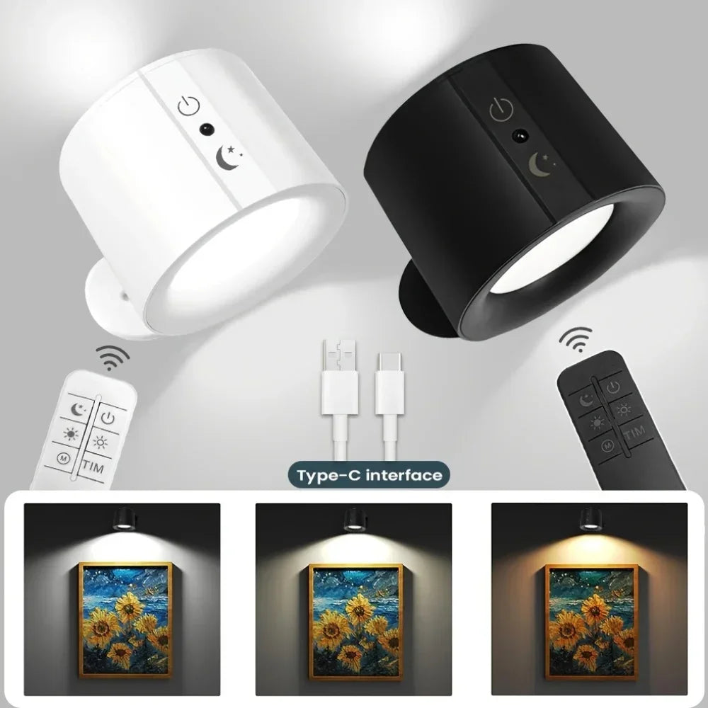 Double-Head Magnetic LED Wall Lamp Rechargeable 360° Rotating Dimmable Spotlight with Wireless Remote for Bedroom and Living Room
