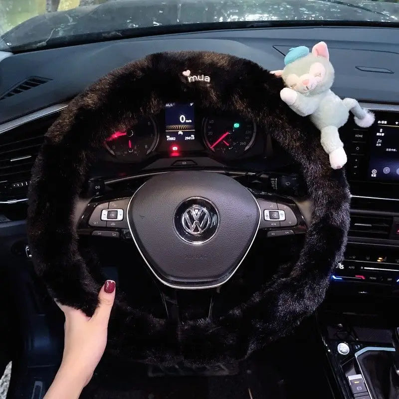 Cute Cartoon Fur Steering Wheel Cover Winter Warm Car Handle Cover for Women