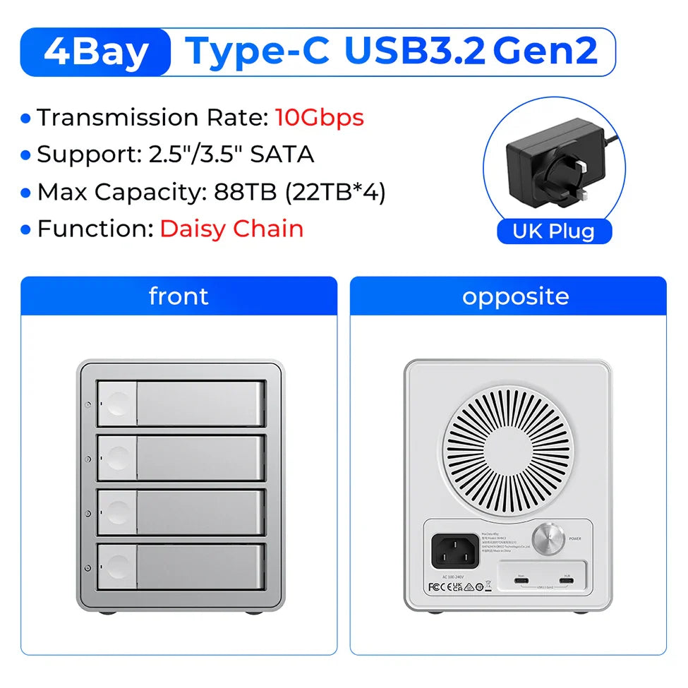 5-Bay 10Gbps SATA HDD & SSD Docking Station, 2.5"/3.5" USB 3.2 Gen2 Type-C Enclosure with Daisy Chain & 150W Power