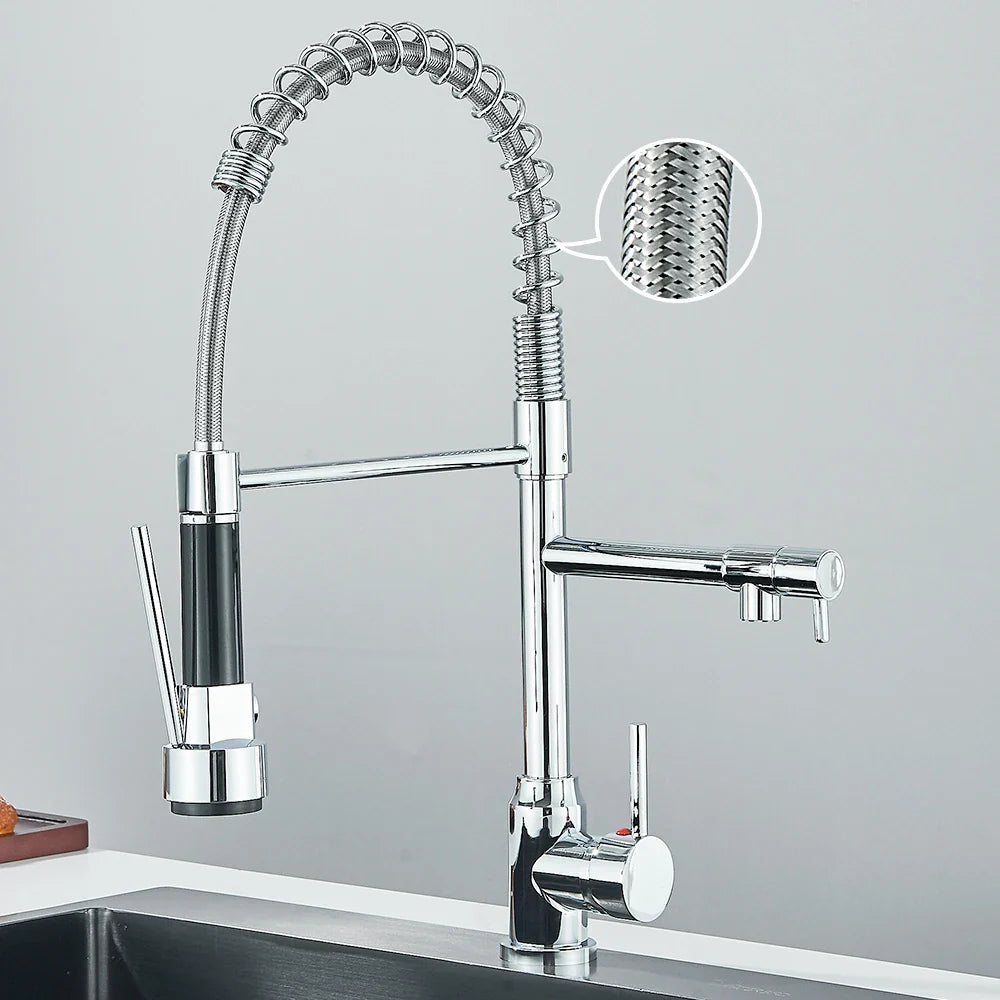 Pull-Down Spring Kitchen Faucet Single Lever Mixer Retractable Dual Spout Hot & Cold Stainless Steel