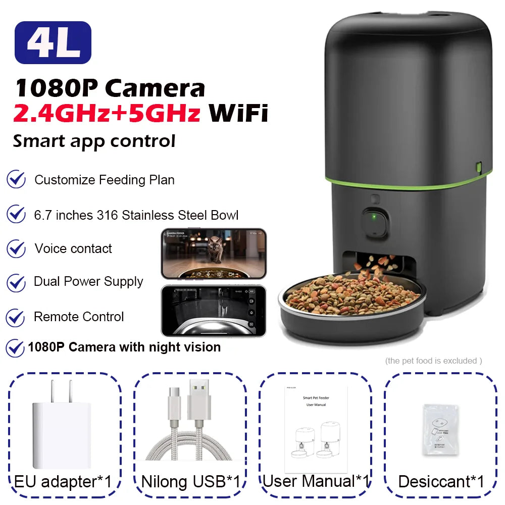 Smart Pet Feeder with 1080P Camera — Dual-Band WiFi (2.4/5GHz) App-Controlled Automatic Cat & Dog Kibble Dispenser, Voice Call & Portion Control