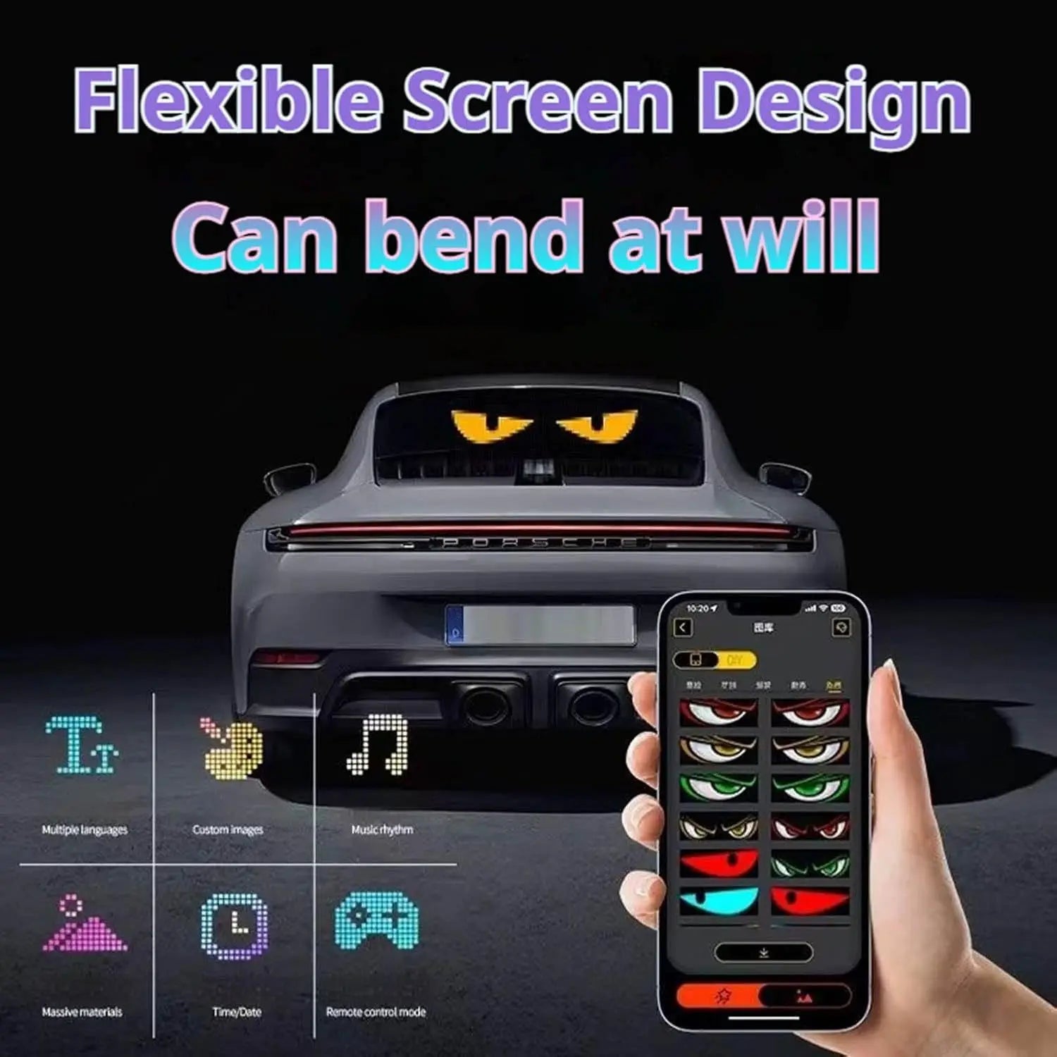 Bluetooth APP LED Scrolling Sign for Car & Truck Windshield — Flexible RGB Matrix Devil Eyes Display