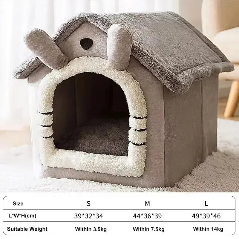 Foldable Plush Pet House Bed — Cozy Winter Dog & Cat Nest, Puppy Cave Sofa for Small & Medium Pets (S/M/L, Removable Cover)
