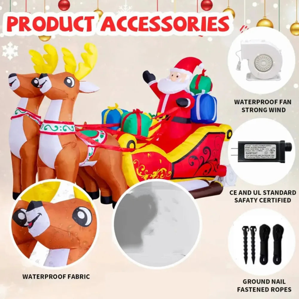 2.1 m (6 ft 11 in) Inflatable Santa Claus on Sleigh with Reindeer – Christmas Yard & Garden Decoration, Indoor/Outdoor
