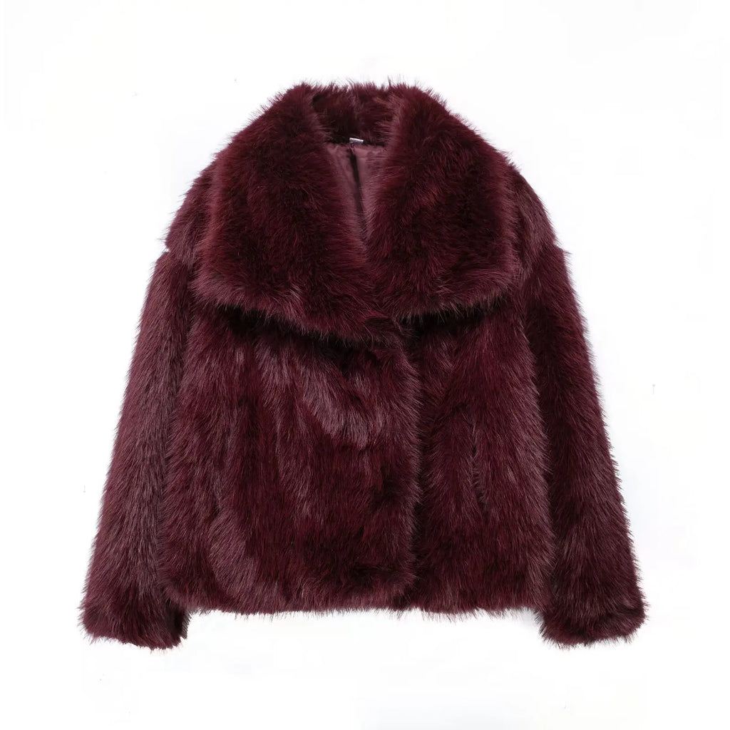 Cropped Faux Fur Jacket for Women – Long Sleeve Snap-Button Lapel Collar Thick Winter Coat