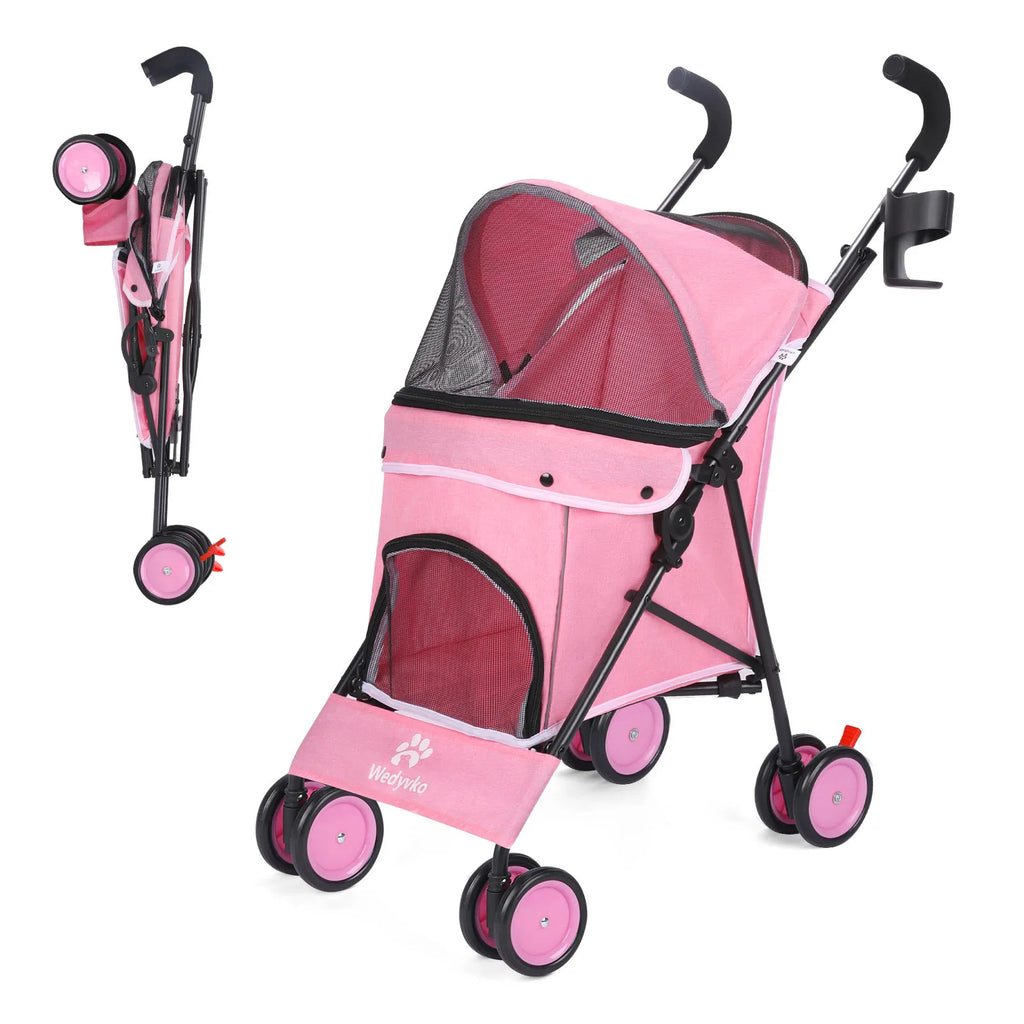 4-Wheel Pet Stroller for Dogs & Cats with Rotating Front Wheels, Brakes and Storage for Travel & Outdoor