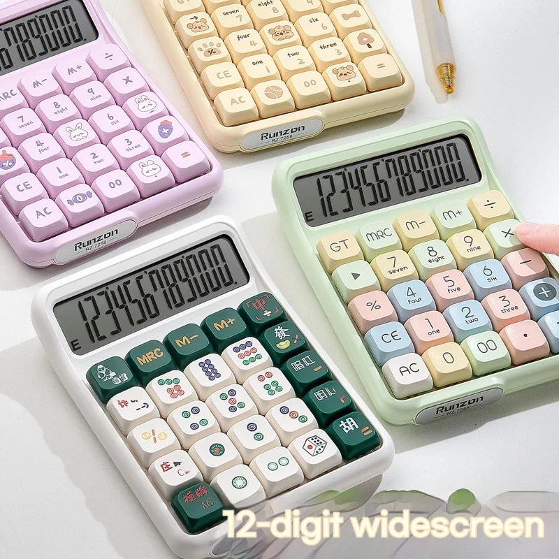 Cute Multifunctional 12-Digit Electronic Calculator with Mechanical Buttons, Battery-Powered for Home Office & School Accounting