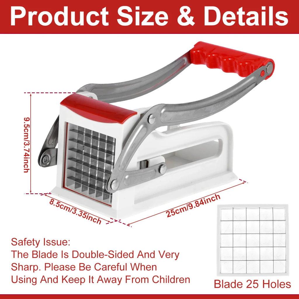 French Fry Cutter Stainless Steel Potato Chipper with 25 & 49-Hole Blades - Manual Vegetable Slicer with Suction Base