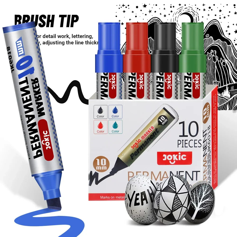 4-Pack Permanent Marker Pens - Waterproof Ink, Fine & 10 mm Chisel Tips, Black Blue Red Green