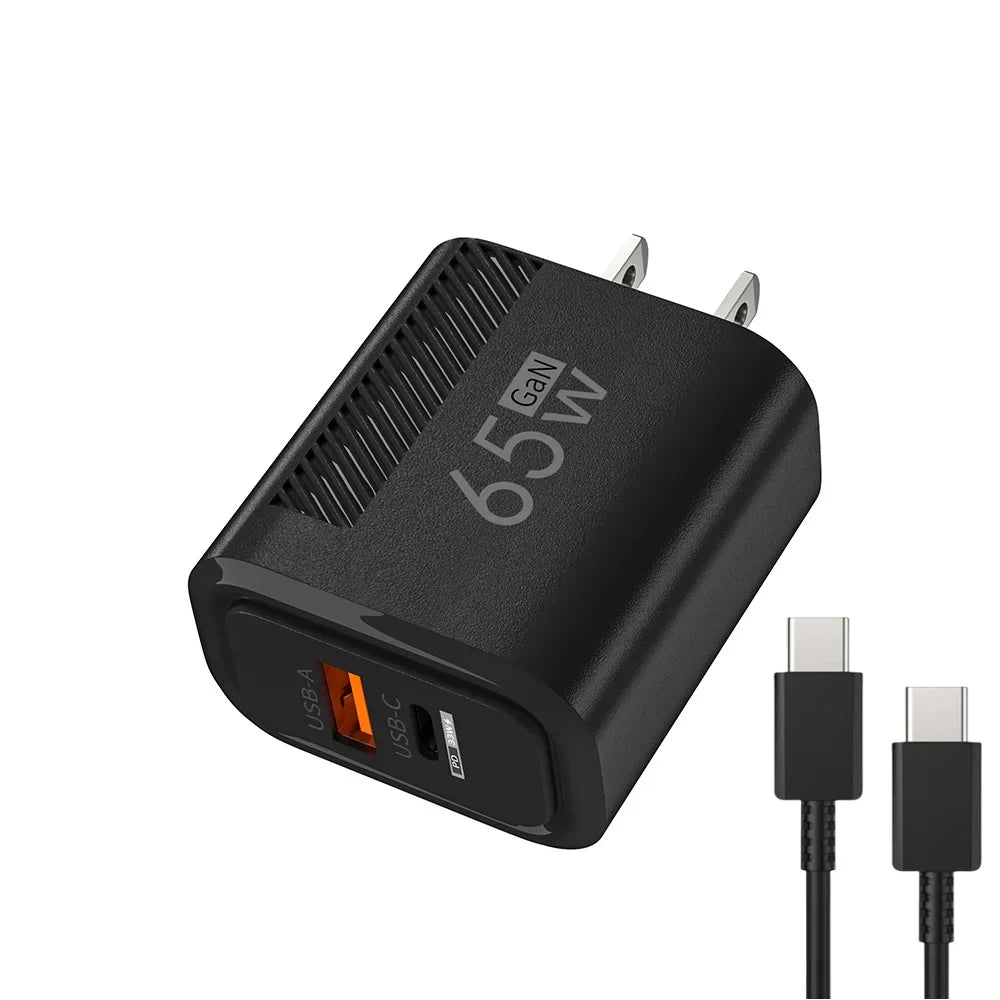 65W GaN 2-Port USB-C PD & QC3.0 Fast Charger - USB-A + USB-C Wall Adapter, EU/US Plug for Smartphones