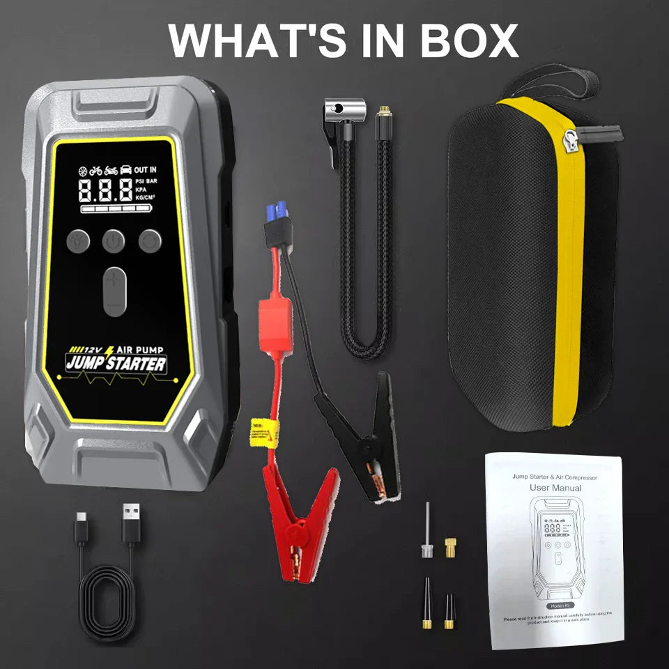 4000A/7000A Portable 12V Car Jump Starter with Air Compressor, LCD Screen Booster Charger & Power Bank