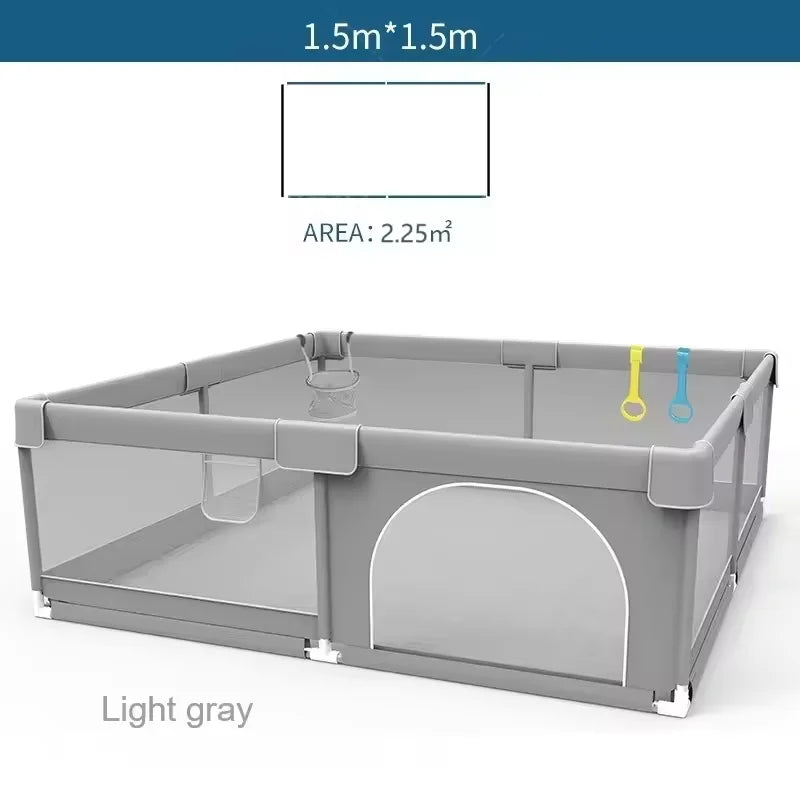 Light Gray Baby Playpen with Pull Ring - Play Yard & Ball Pit Safety Fence for Toddlers