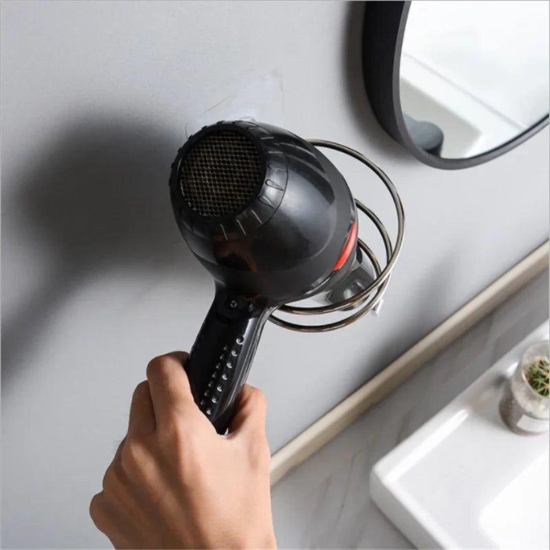 Wall-Mounted Hair Dryer Holder Stainless Steel Spiral Stand – Nail-Free Adhesive, 12 x 10 cm (4.72 x 3.94 in)