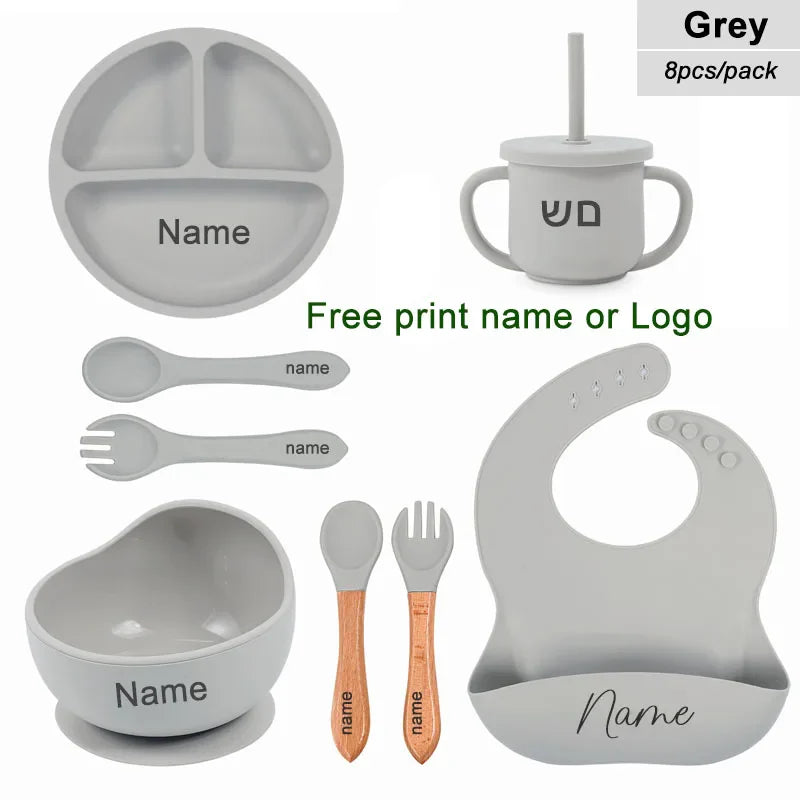 8-Piece Silicone Baby Feeding Set with Suction Plate, Bowl & Straw Cup — Personalized Kids Tableware, BPA-Free