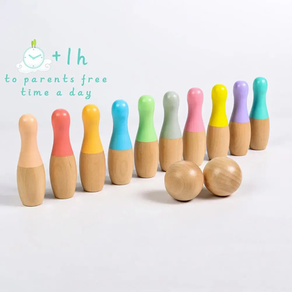 Wooden Kids Bowling Set - Indoor & Outdoor Toddler Bowling Game, 10 Pins & 2 Balls