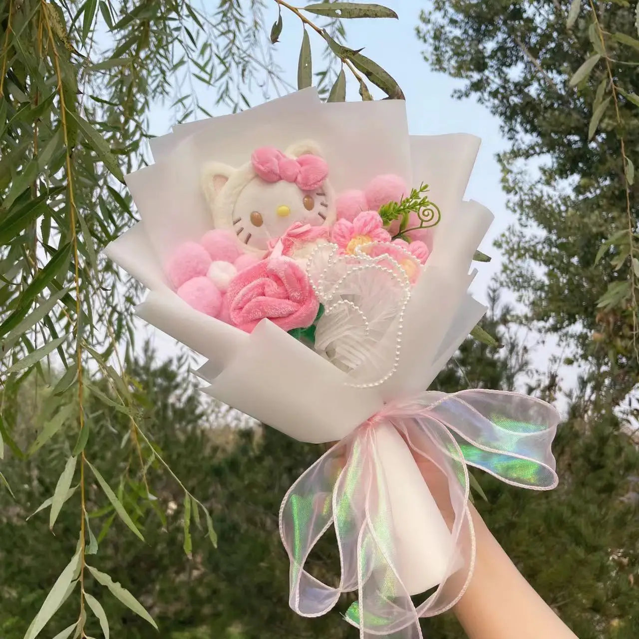 Kawaii Cat Plush Bouquet with Artificial Flowers — Cute Plush Doll Gift for Her, Valentine, Birthday, Graduation