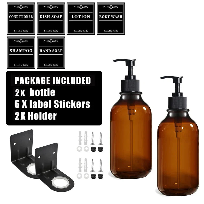 500ml (16.9 fl oz) Amber Refillable Pump Bottle Set with Black Label Stickers - Shampoo, Shower Gel & Liquid Soap Dispensers for Bathroom & Kitchen