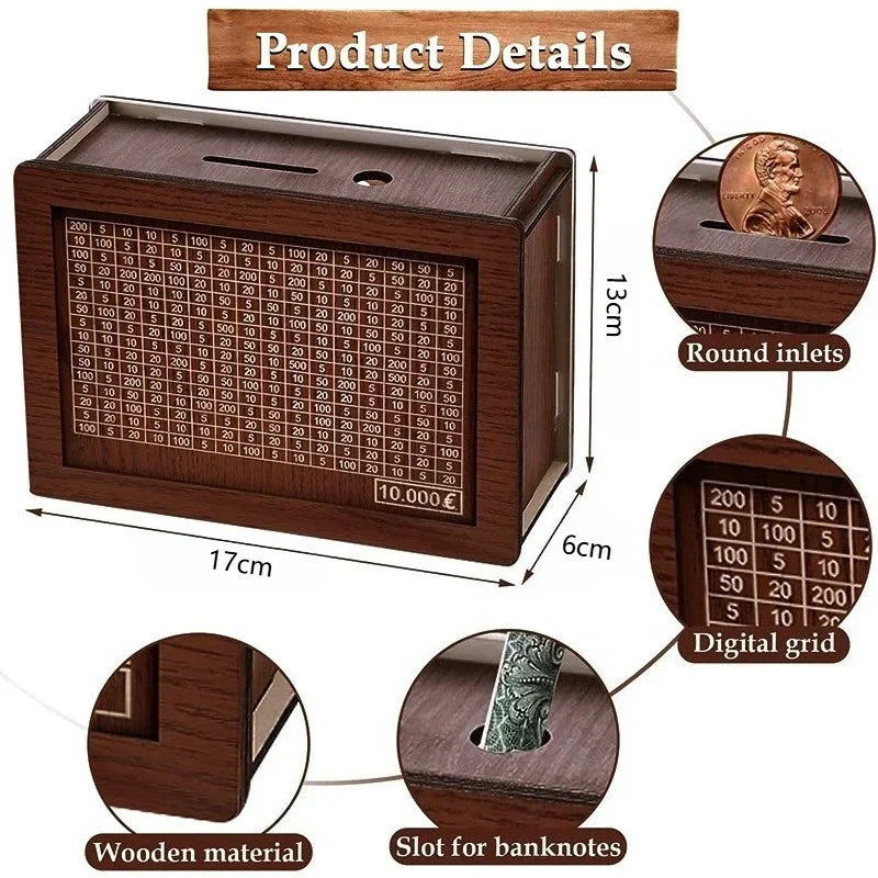 Wooden Piggy Bank Money Box - Reusable Handmade Savings Box with 10,000 Goal Tracker