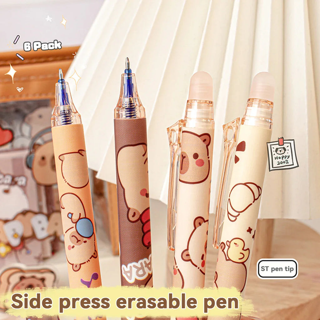 Capybara Erasable Gel Pens 6-Pack Refillable 0.5mm Smudge-Free Cute Animal Stationery for School & Office
