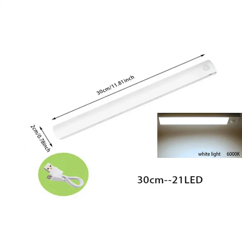 PIR Motion Sensor LED Under-Cabinet Rechargeable Night Light — Dimmable Magnetic Closet Stair Kitchen Light Bar (10–50 cm / 4–20 in)