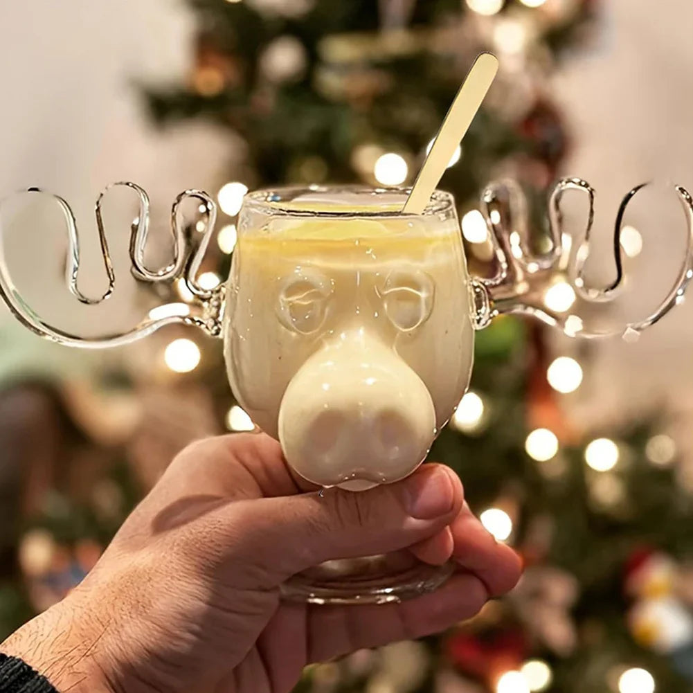 Christmas Moose Glass Mug 8oz (240ml) Reindeer Antler Holiday Drinkware 1/2/3 Pack