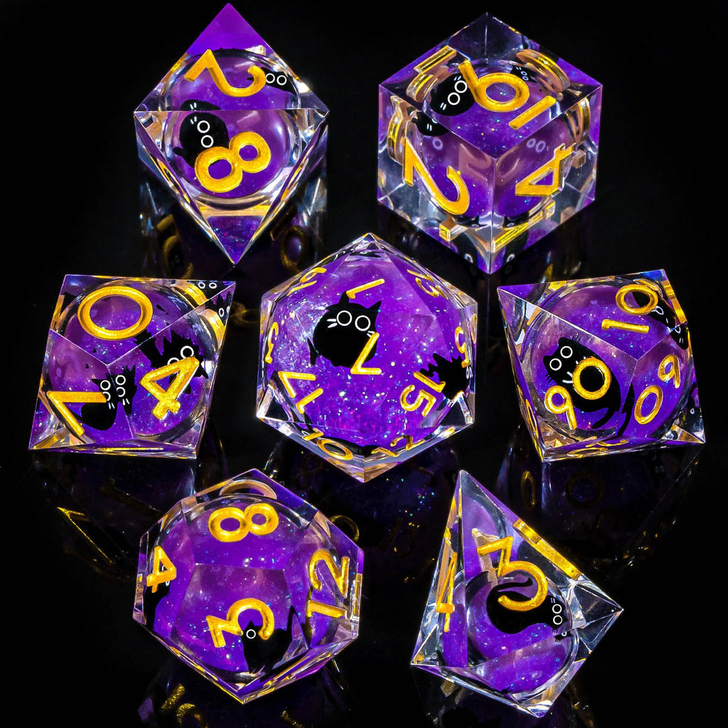 Liquid-Core Cat Resin 7-Piece RPG Dice Set — Sharp-Edge Polyhedral D20 D12 D10 D8 D6 D4 for Dungeons & Dragons & Tabletop
