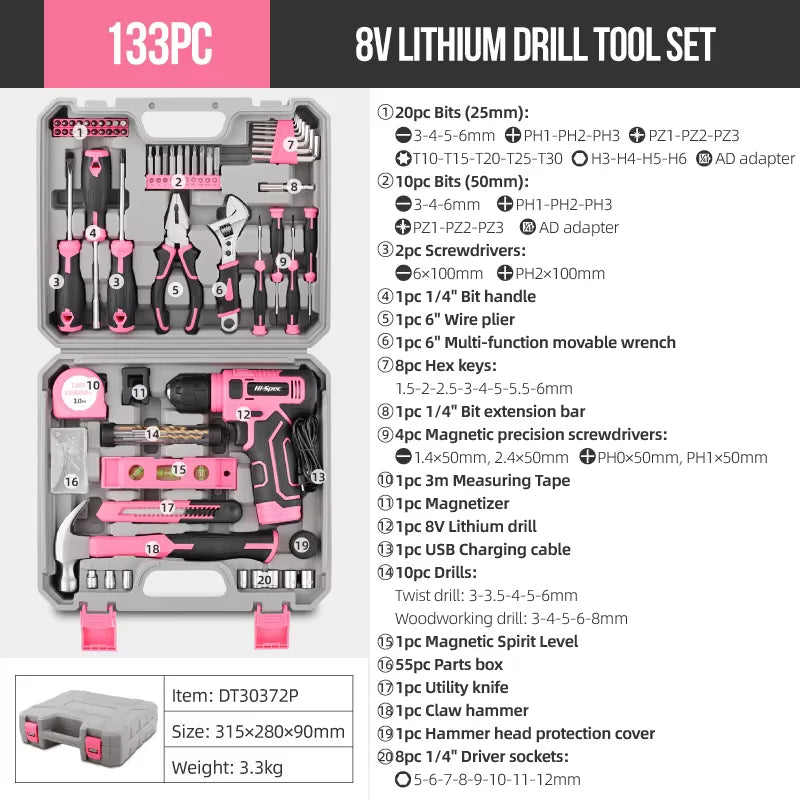 Pink Cordless Electric Screwdriver & Home Repair Tool Kit - Complete Set with Drill Bits, Hammer & Carry Case