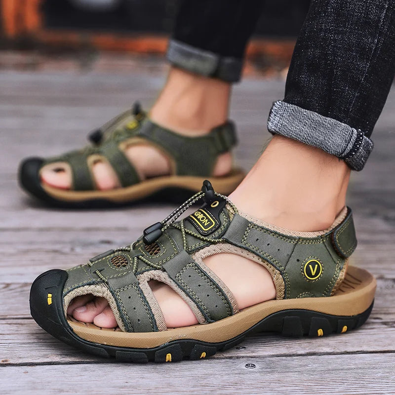 Men's Leather Sandals Breathable Casual Outdoor Beach Slip-On Roman Style