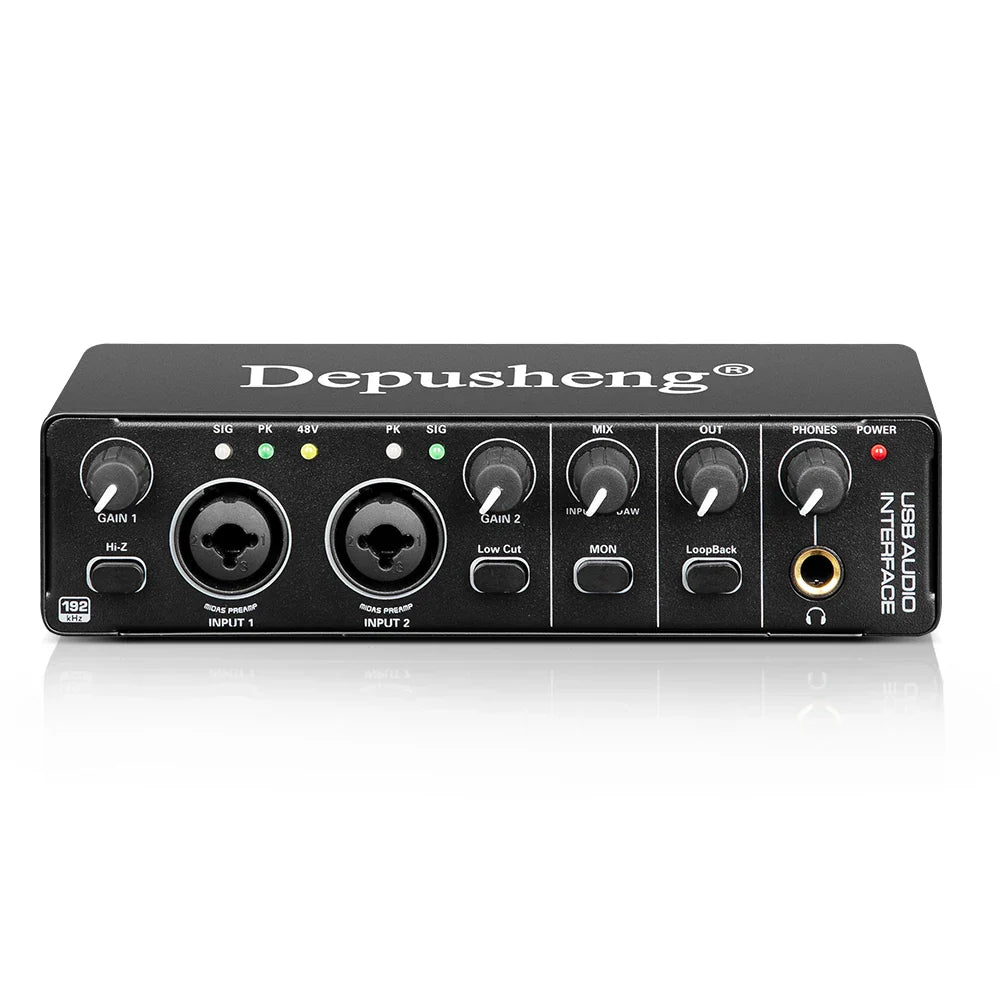 USB Audio Interface 2-In/2-Out with 48V Phantom Power — Low-Latency Recording & Live Monitoring for Guitar, Vocals, Podcasting