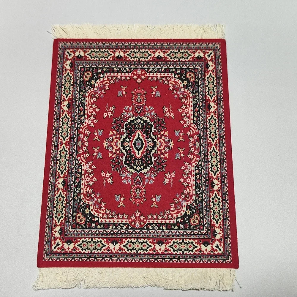 Woven Persian Flower Mouse Pad 9.1 x 7.1 in (23 x 18 cm) Non-Slip Rubber Desk Mat with Fringe — Retro Style