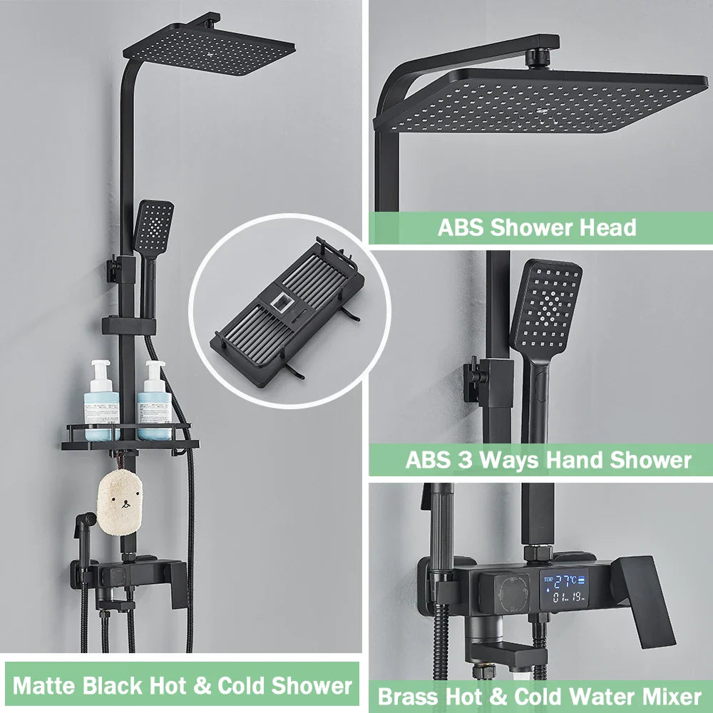 Black Digital Thermostatic Shower System 10-Inch (25.4 cm) Rainfall Head 4-Way Mixer with Digital Display, Slide Bar Shelf & Bidet Faucet