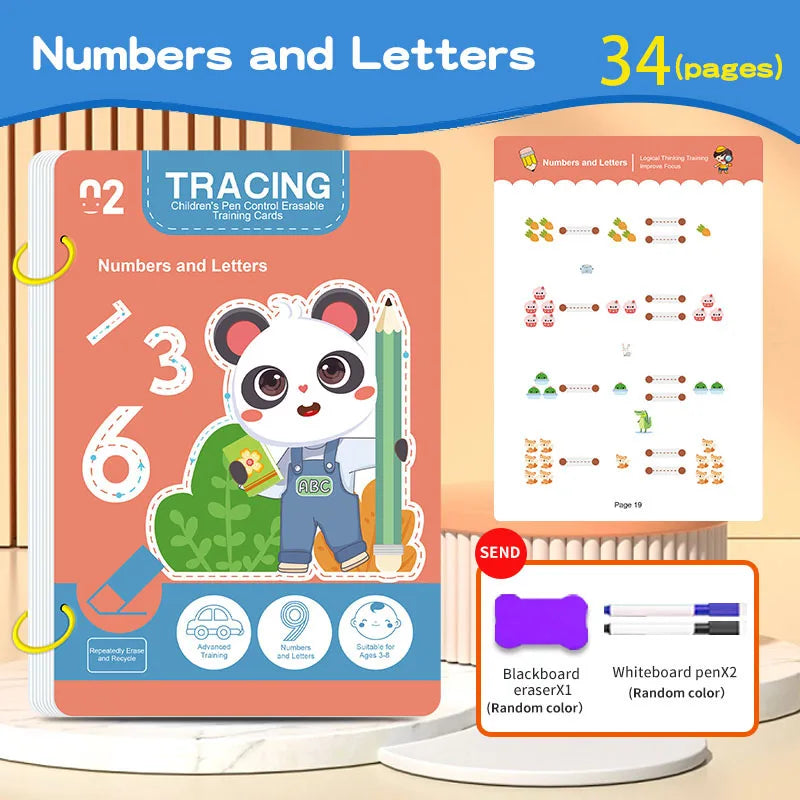 Reusable 34-Page Kids Workbook with Erasable Pen — Early Writing & Drawing Practice, Pen Control Training, Educational Gift