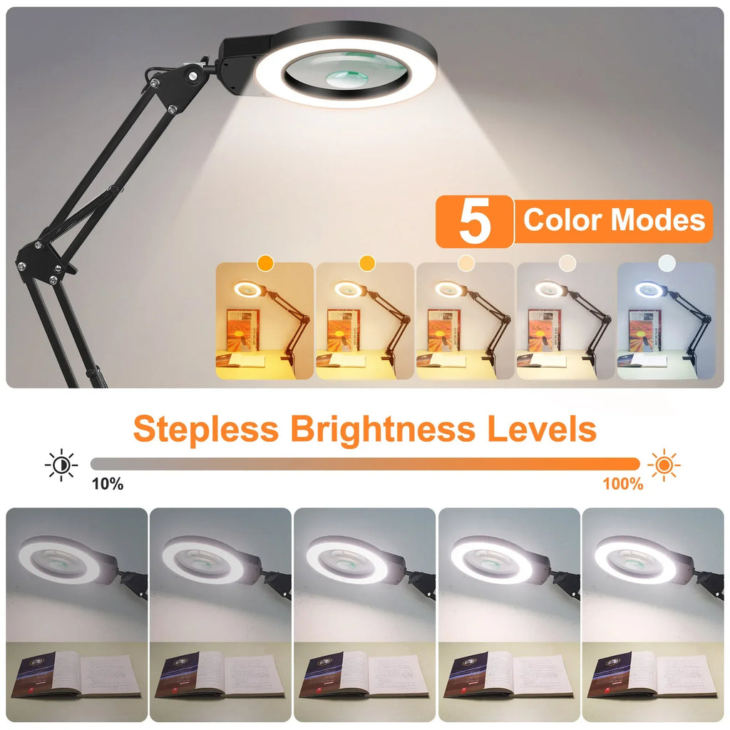 Adjustable Swing-Arm Magnifying Lamp 5X/10X with 110mm Lens, 5-Color Touch LED Clamp Light for Reading Jewelry Repair Electronics