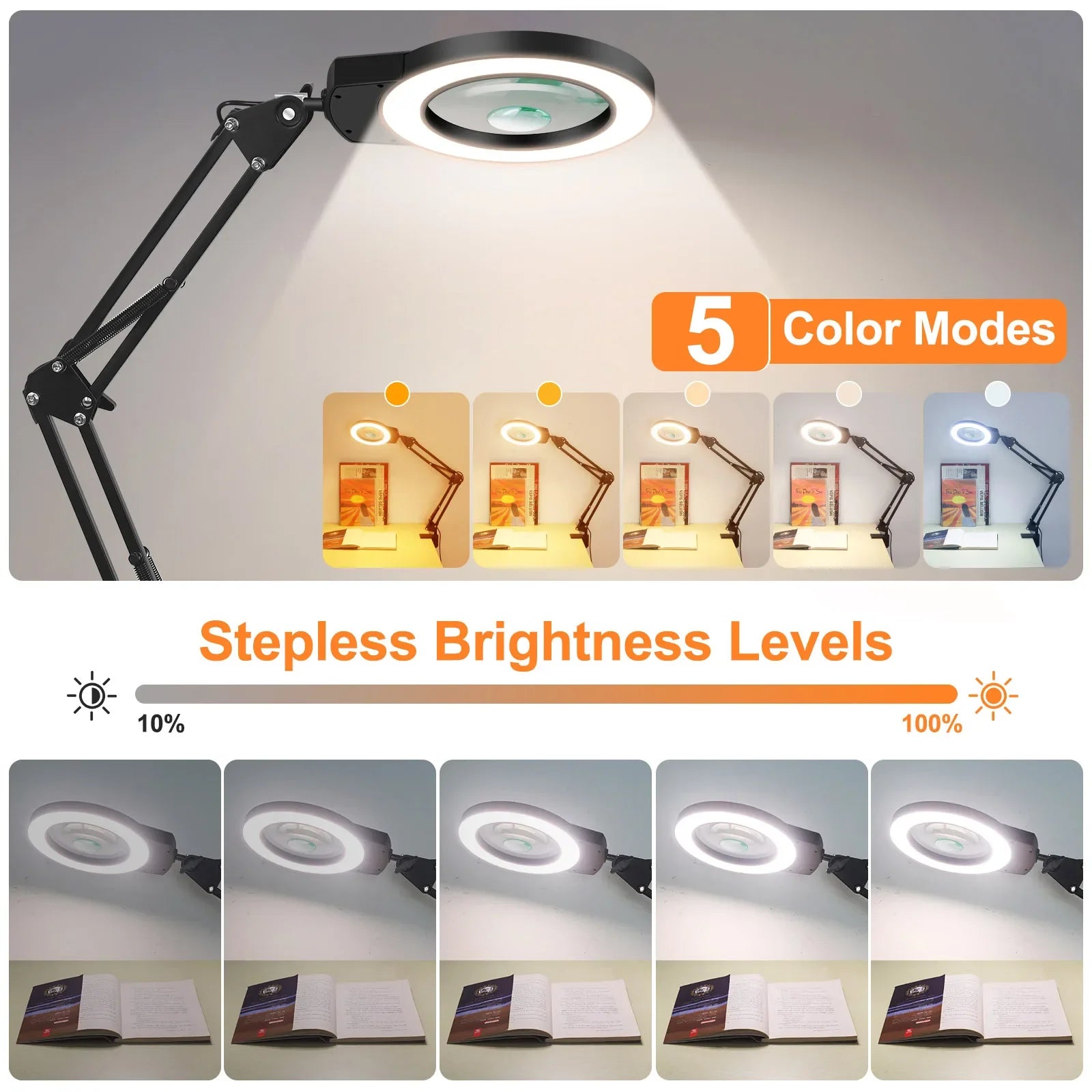 Adjustable 5X/10X Magnifying Lamp with 110mm (4.3 in) Lens - Touch 5-Color LED, 10-Level Dimming, Long Swing Arm Clamp Light for Reading, Jewelry & Soldering