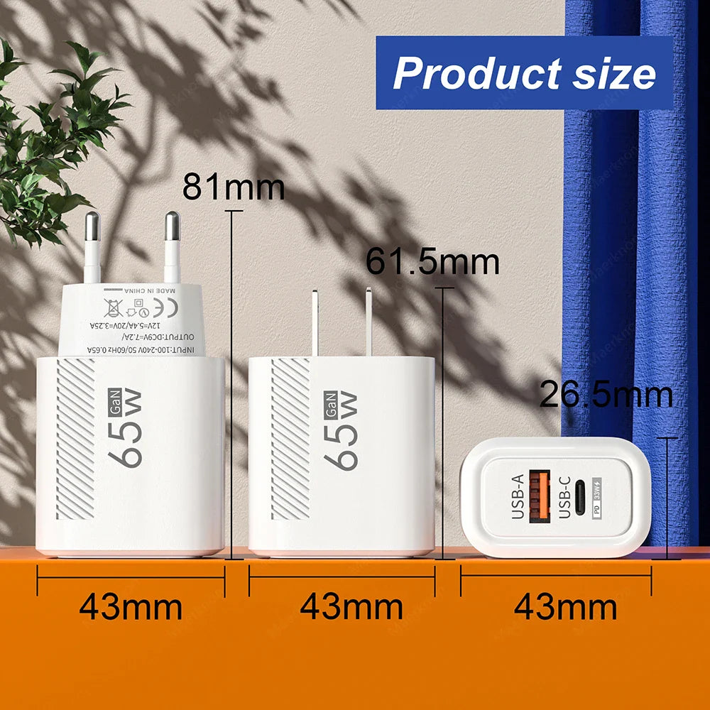 65W GaN 2-Port USB-C PD & QC3.0 Fast Charger - USB-A + USB-C Wall Adapter, EU/US Plug for Smartphones