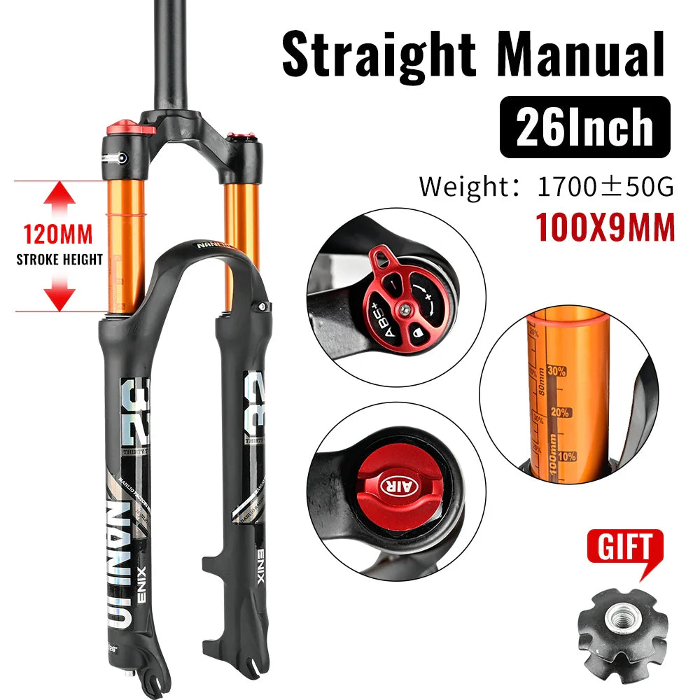 MTB Suspension Fork – Solo Air & Oil Damping, Quick Lockout, Magnesium Alloy, Disc Brake Compatible, Fits 26/27.5/29 in Wheels (Straight or Tapered Steerer)