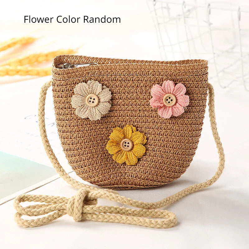 Girls Daisy Straw Mini Messenger Bag, Kids Shoulder Handbag with Coin Purse