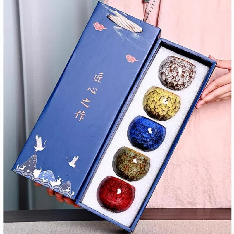 Five Elements Kiln-Change Ceramic Tea Cup Set with Gift Box, 5-Piece Porcelain Cups 150 ml (5.07 fl oz)