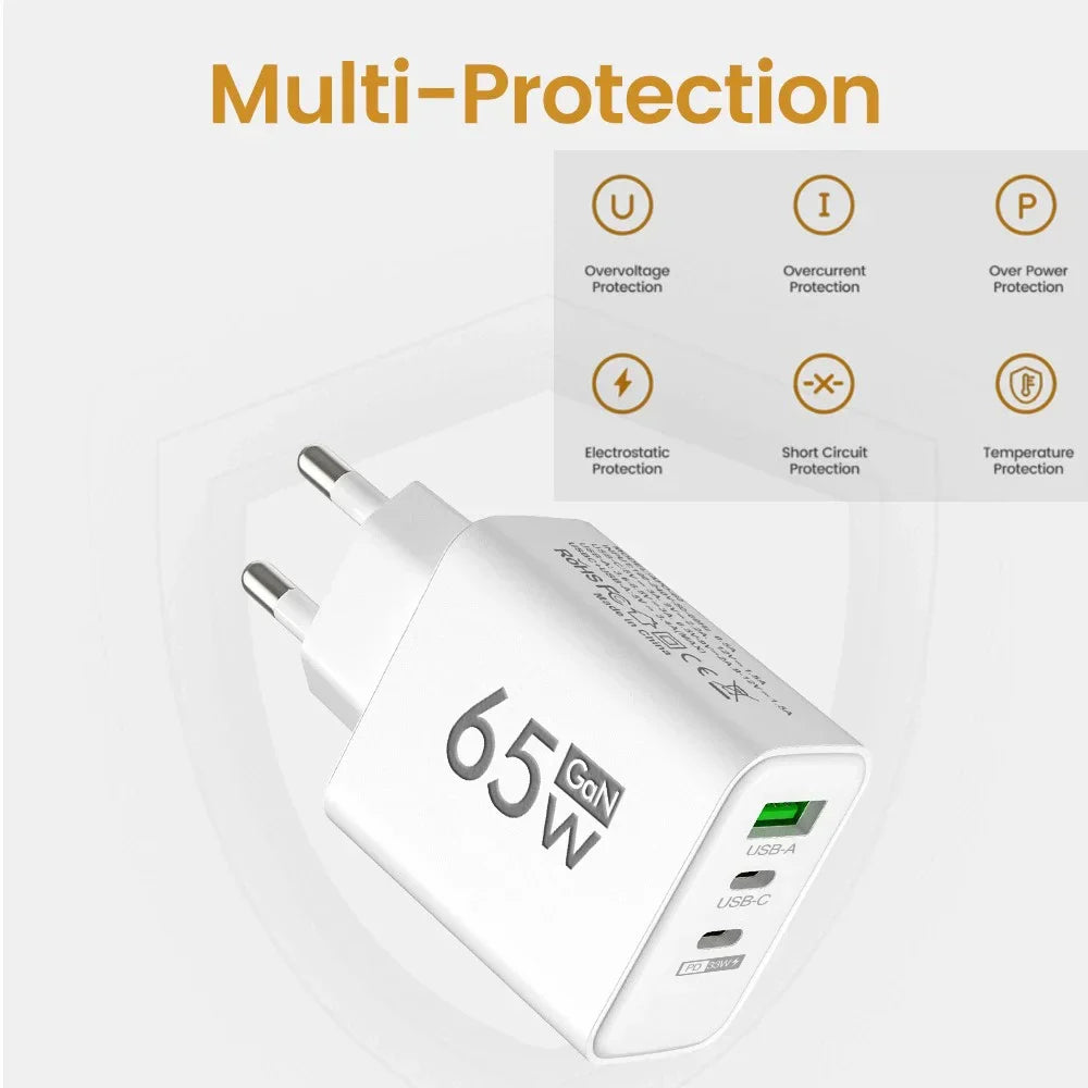 65W GaN USB-C PD Fast Charger — 3-Port USB-A/USB-C QC3.0 Power Adapter